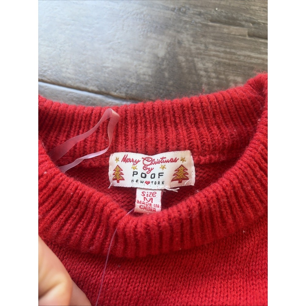 Poof Juniors Women's Long Sleeve Bow Print Sweater Sz Medium Red Cropped Croquet - Picture 2 of 7